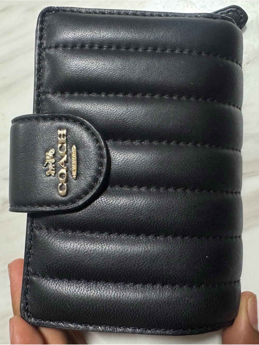 Coach Black Quilted Leather Snap Wallet with Gold Hardware